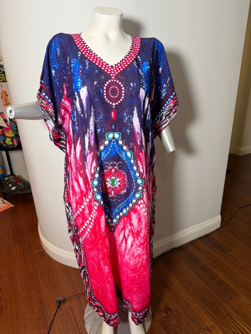 Bohemian Pink & Blue Caftan Muumuu Maxi Beach Dress